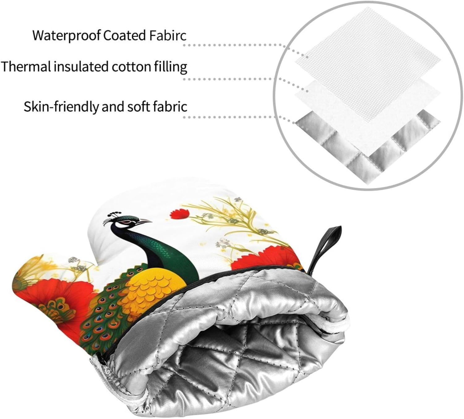 Peacock Red flower Oven gloves and heat-resistant mat 4-piece set. Suitable for grilling, microwave oven frying, and baking