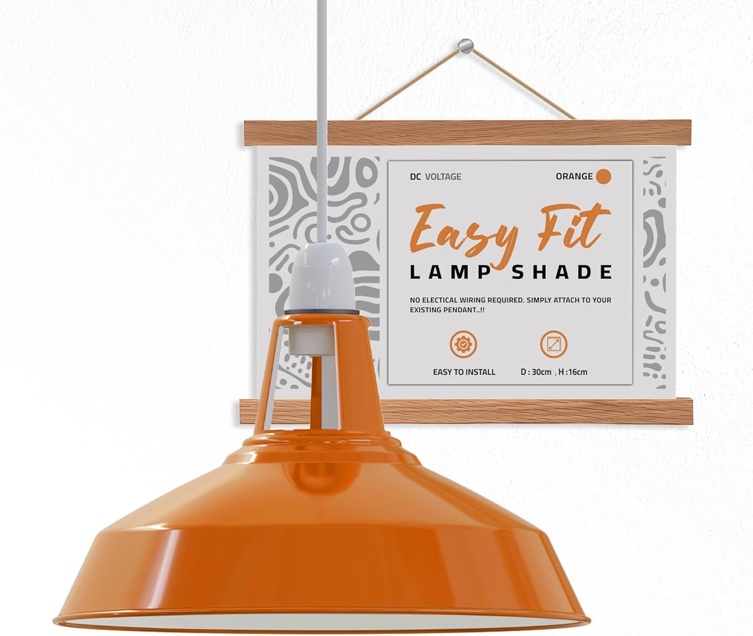 Dc Voltage Orange 30Cm Metal Light Shade - Easy Fit Modern Pendant Shade - For Bedroom, Hallway, Office, Café, Restaurant - Industrial Style (Orange)