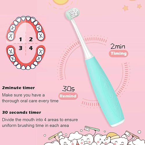 Miniatura 3 de Triple Best Cepillo de dientes sónico para niños, cepillo de dientes recargable de 32000 VPM, diseño patentado de 3 cabezales de cepillo, cerdas en