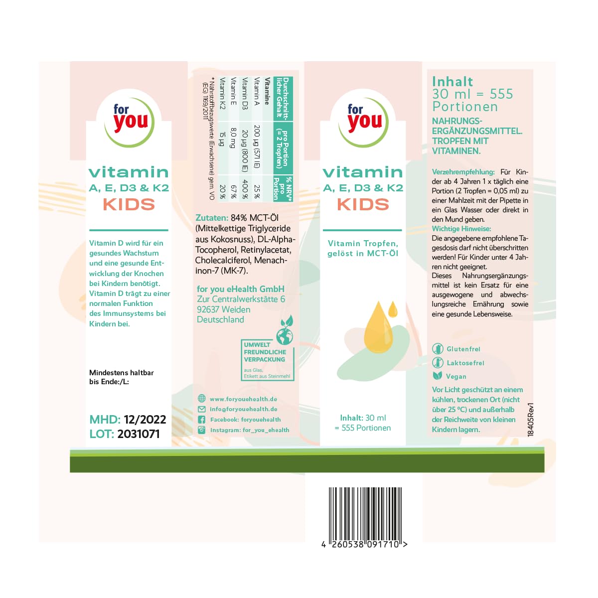 for you Vitamin A, E, D3 & K2 Tropfen für Kids Doppelpack - Vitamintropfen für Kinder ab 4 Jahren - 2x555 Portionen - Immunsystem Vitamine für Kinder geschmacksneutral, ohne Zusätze - Kindervitamine