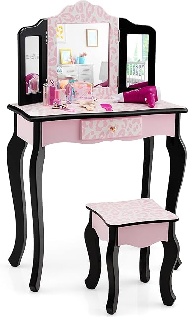 HONEY JOY Kids Vanity, Princess Makeup Vanity Set for Little Girls, Real Glass Tri-Folding Mirror, Bedroom Dressing Table & Chair Set, Wooden Girls Vanity Set w/Mirror and Stool, Pink Leopard Print