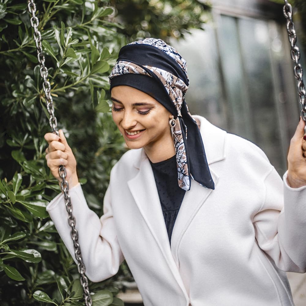 Carebell Smooth Paint Flowers Turban Bonnet oncologique en coton pour chimiothérapie ou alopécie, Noir, blanc, marron, Taille Unique