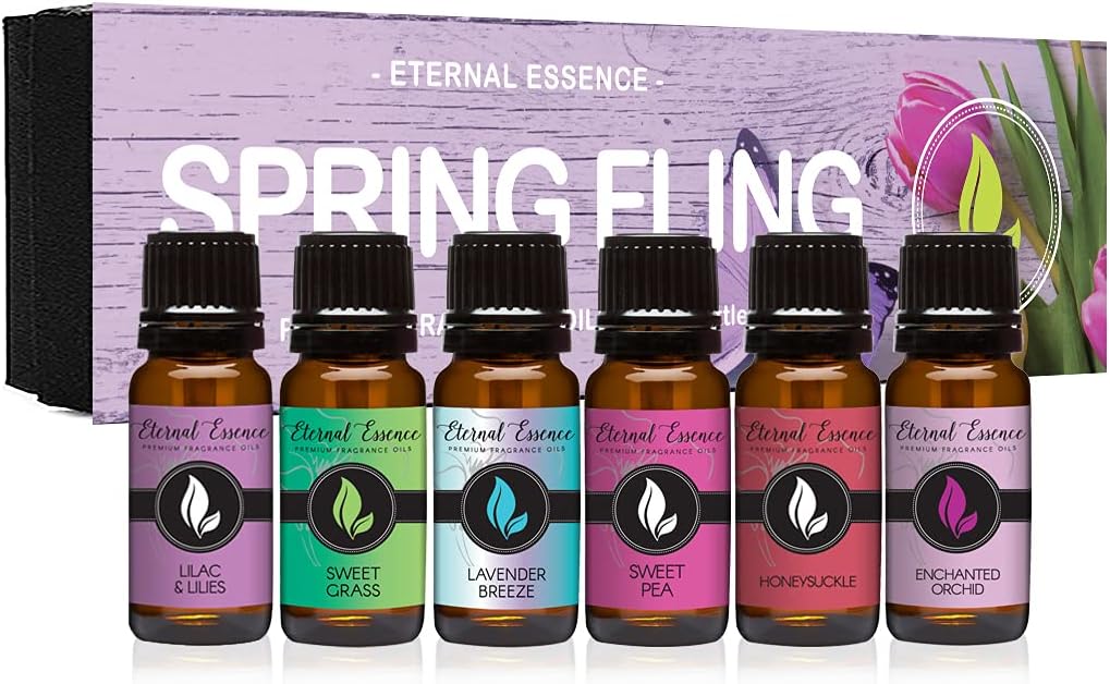Spring Fling Set of 6 Premium Fragrance Oils - Includes Sweet Grass, Lilac & Lilies, Lavender Breeze, Sweet Pea, Honeysuckle and Enchanted Orchid Scented Oils - 10ML