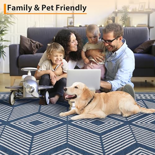 GlowSol Washable Rugs 8x10 Modern Geometric Living Room Rug, Non-Slip Tribal Neutral Large Rug, Stain Resistant Large Bedroom Stripe Accent Floor Carpet for Dining Room Office,Blue