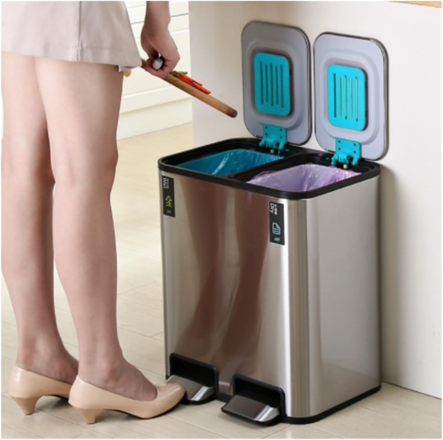 Trash Can Rectangular Hands-Free Double Kitchen Booster Trash Can with Single Lid. Garbage Can(Metallic,36x40x27cm)