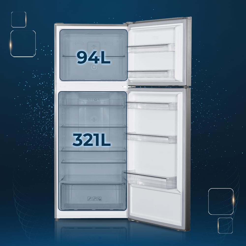 HYUNDAI Frigorífico Inox, 2 Puertas. HFG18070NDI00, Capacidad 415 Litros, No Frost, Motor Inverter, 39 dB, Puerta Reversible, Apertura Tipo Uñero, Clase Energética D