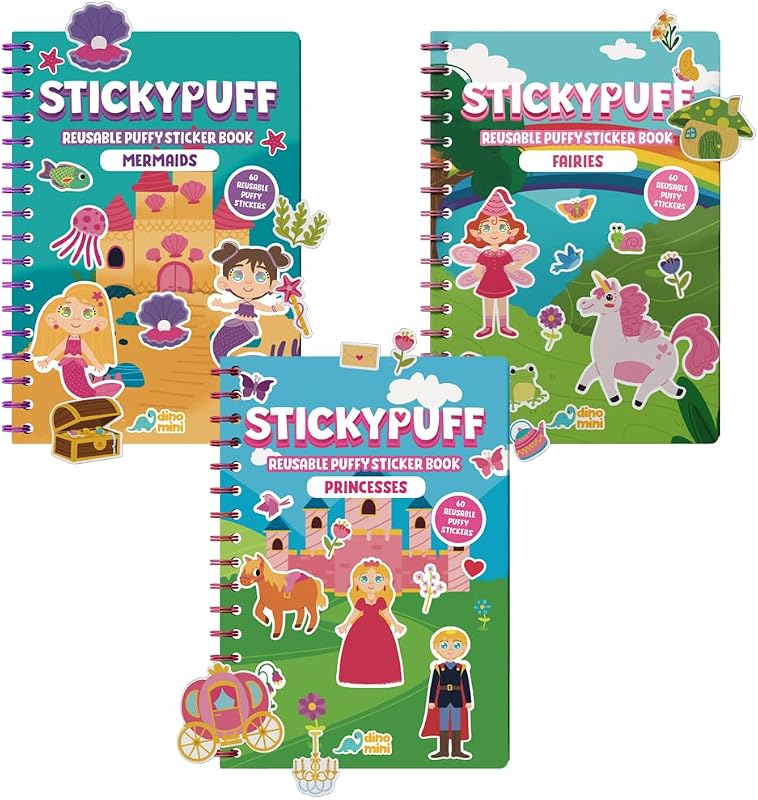 Stickypuff Value Pack - 3 Reusable Puffy Sticker Book for Toddlers - Puffy Stickers for Toddlers - Travel Activities for Kids Ages 4-8 - Screen Free Birthday Gifts (Wonderland)