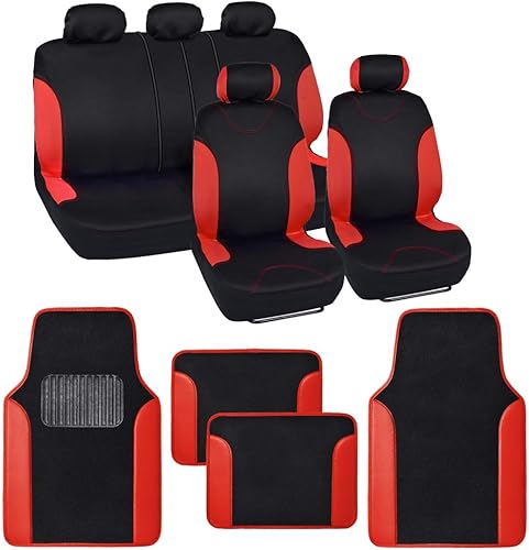BDK Juego completo de fundas de asiento de coche rojas con alfombrillas a juego para automóvil, fundas de asiento universales delanteras y fundas de