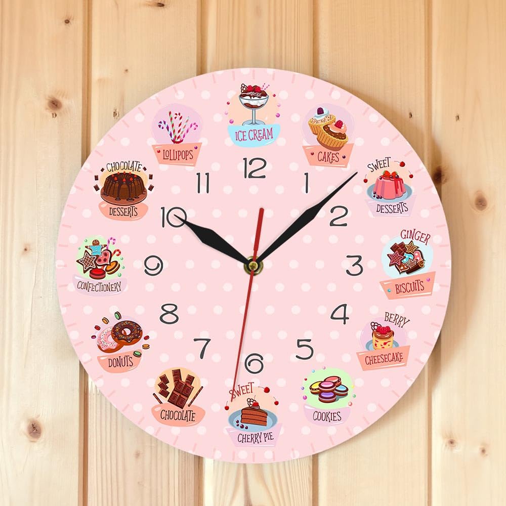 Reloj De Pared Rosa con Diseño De Postre De Dibujos Animados, Reloj De Pared De Cuarzo Decorativo, Silencioso Y Creativo, Ideal para La Decoración De Paredes Y Fondos De Salas De 30cm