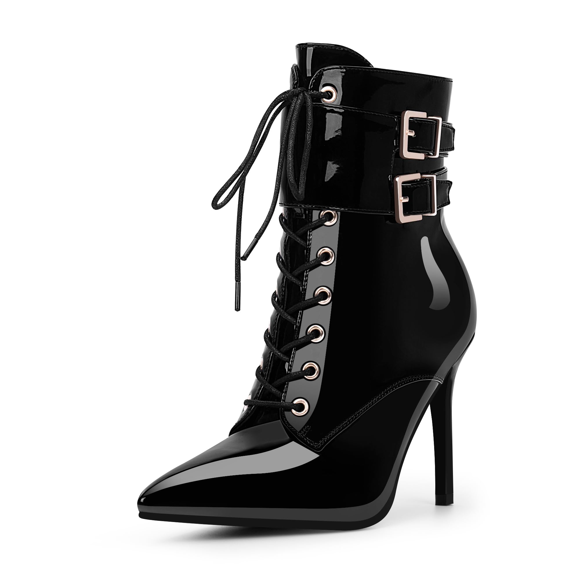 Odetina Women's High Stiletto Heel Pointed Toe Ankle Boots Lace Up Buckle Strap Dress Booties