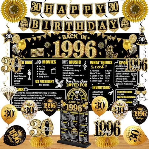 30th Birthday Decorations Kit for Him Men Women, Black Gold 24PCS...