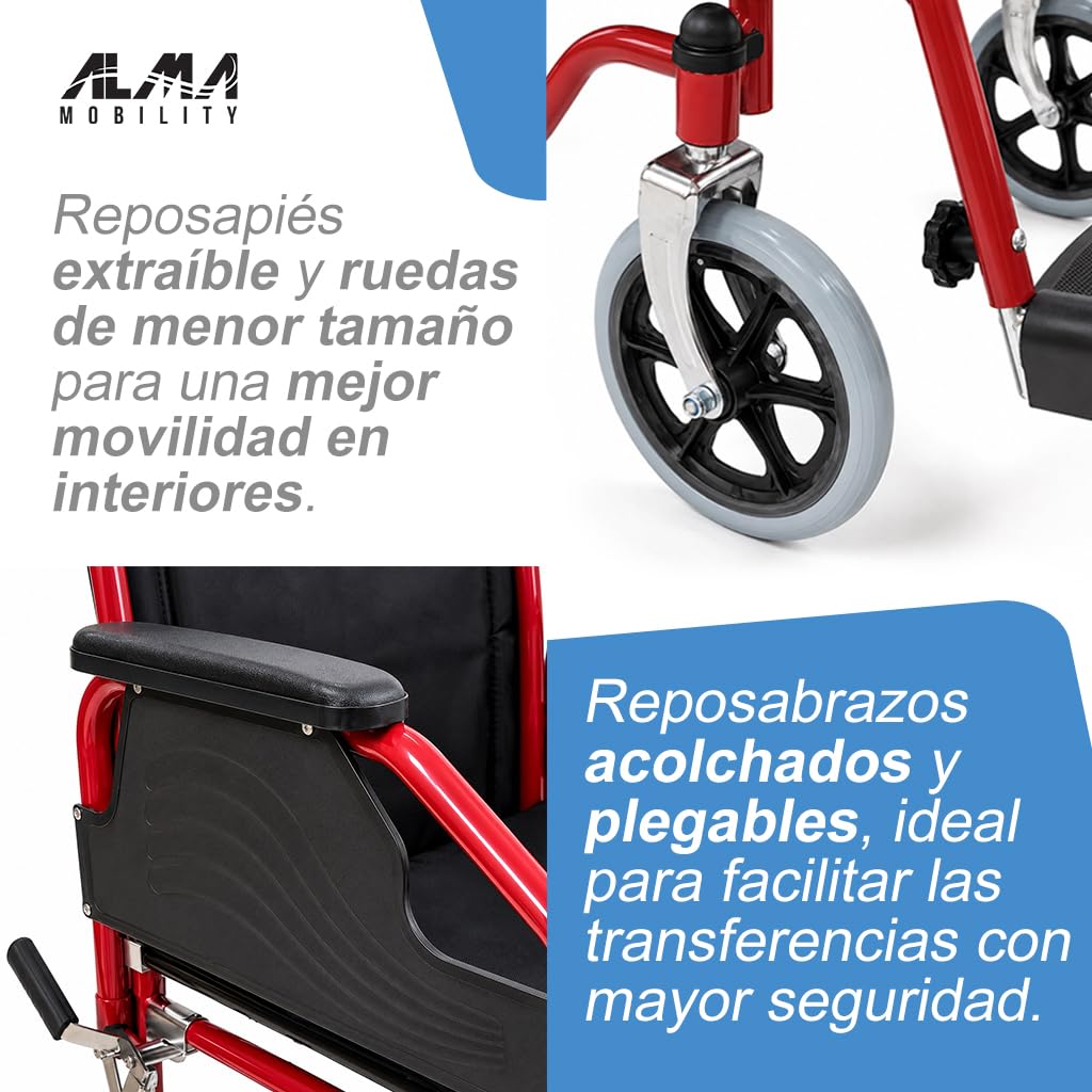 ALMA Silla de Ruedas de Tránsito Plegable, Reposapiés Abatible, Reposabrazos, Ruedas Traseras Macizas, Soporta hasta 100 kg