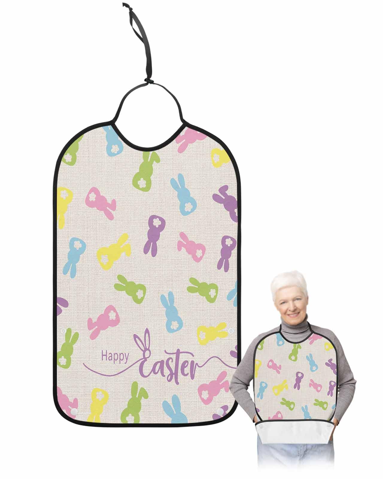 LEOKOTI Happy Easter Adult Bibs for Eating, Waterproof Bibs with Food Catcher & Snap Closure, Colorful Bunny Spring Floral Botanical Rustic Washable Clothing Protectors Adult Bibs for Elderly