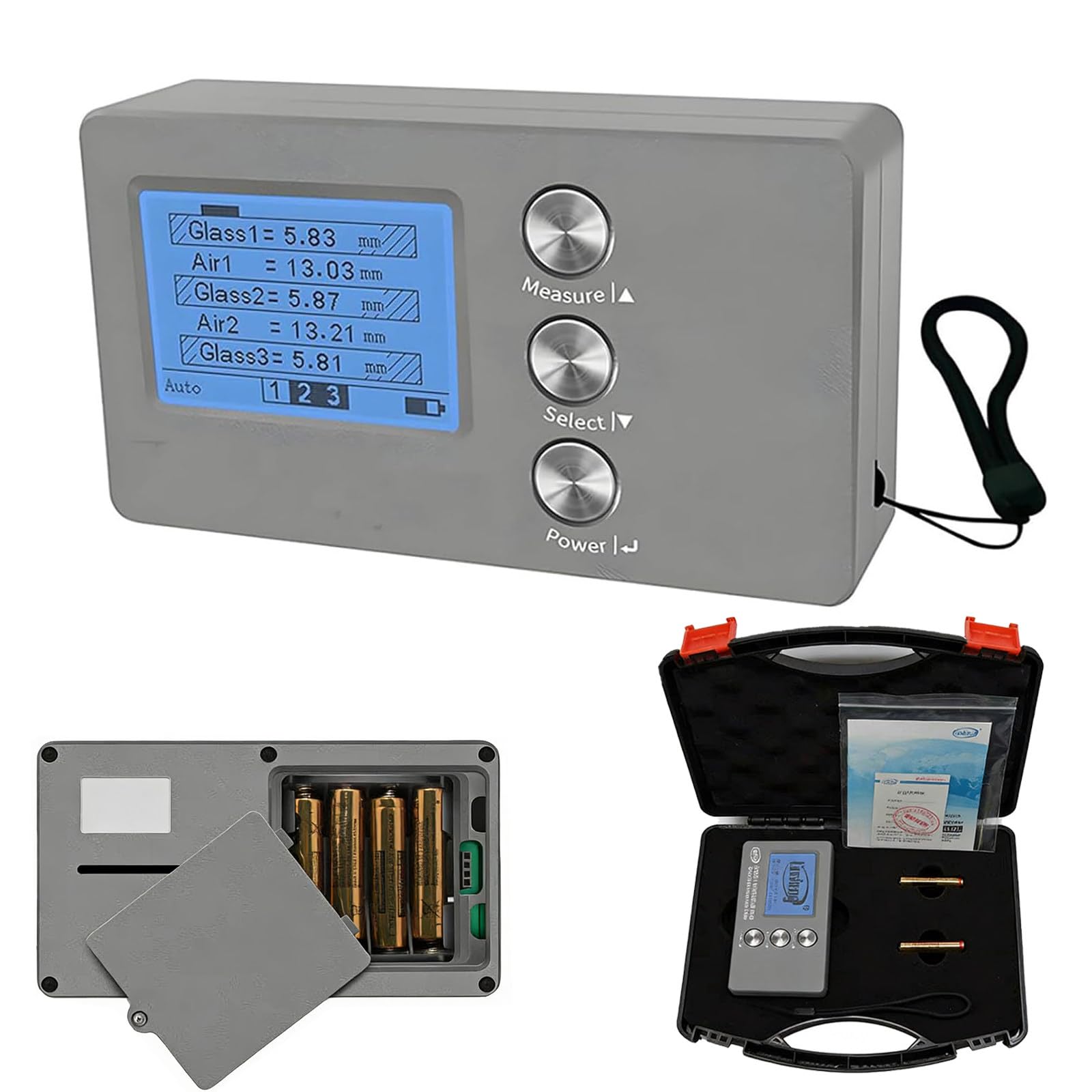 Medidor de Espesor de Vidrio LCD, para Vidrio Laminado Doble y Triple, Precisión de Medición ±0.1 mm, para Puertas y Ventanas Aislantes