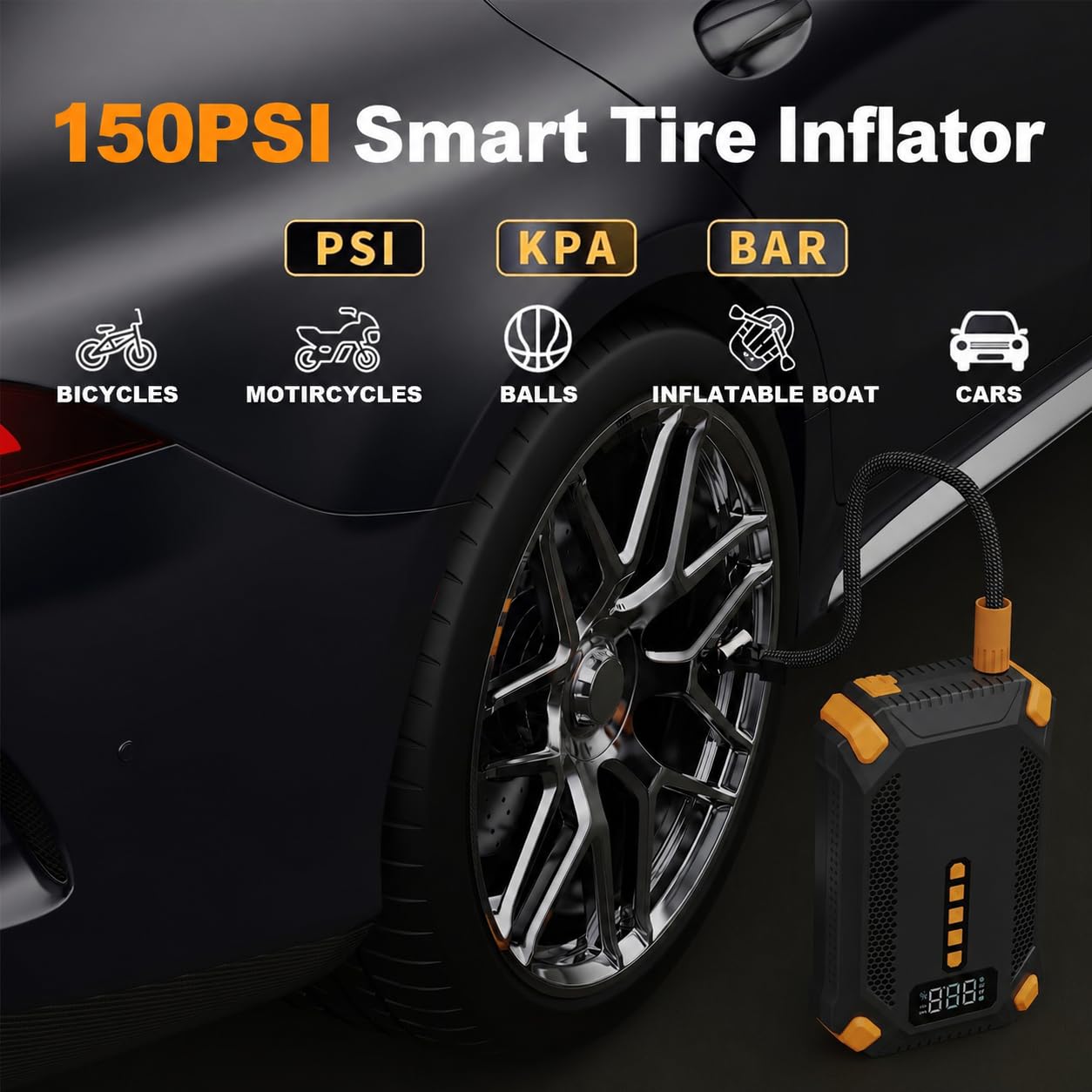 Arrancador con compresor de aire, arrancador de batería portátil, inflador de neumáticos de 150 PSI, caja de salto de 12 V, linterna LED, pantalla LCD para motores de gas de 9 L y diésel de 8 L