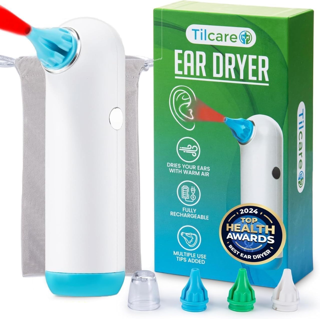 Asciugatore Elettrico per Orecchie di Tilcare - Asciugatore per Orecchie Ricaricabile per Nuotare, Fare la Doccia - Con 3 Punte per Asciugare le Orecchie e Custodia per il Trasporto