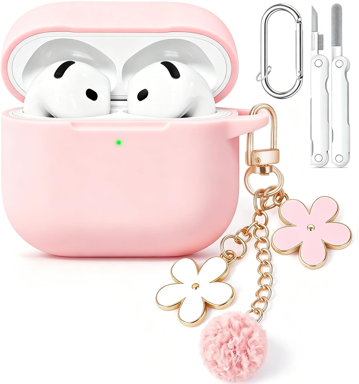 for AirPods 4 Case Cover, Soft Pink Silicone Protective Shell Compatible with Apple AirPods 4th Generation Case for Women Girly, iPod 4 Case with Flower Chain,Keychain and Cleaner Kit - Pink