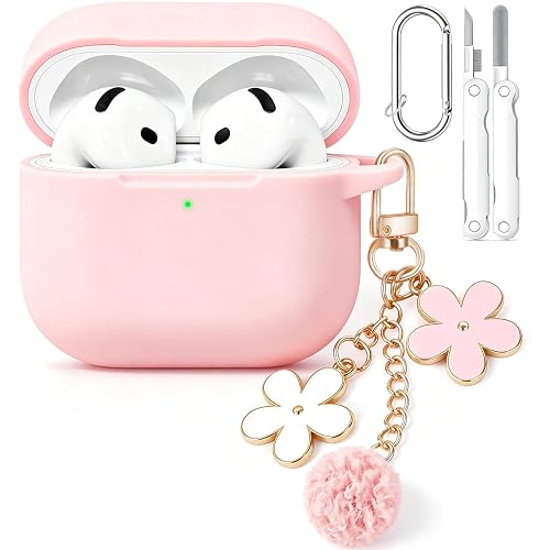 for AirPods 4 Case Cover, Soft Pink Silicone Protective Shell Compatible with Apple AirPods 4th Generation Case for Women Girly, iPod 4 Case with Flower Chain,Keychain and Cleaner Kit - Pink