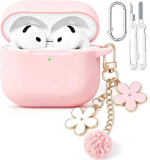 for AirPods 4 Case Cover, Soft Pink Silicone Protective Shell Compatible with Apple AirPods 4th Generation Case for Women Girly, iPod 4 Case with Flower Chain,Keychain and Cleaner Kit - Pink