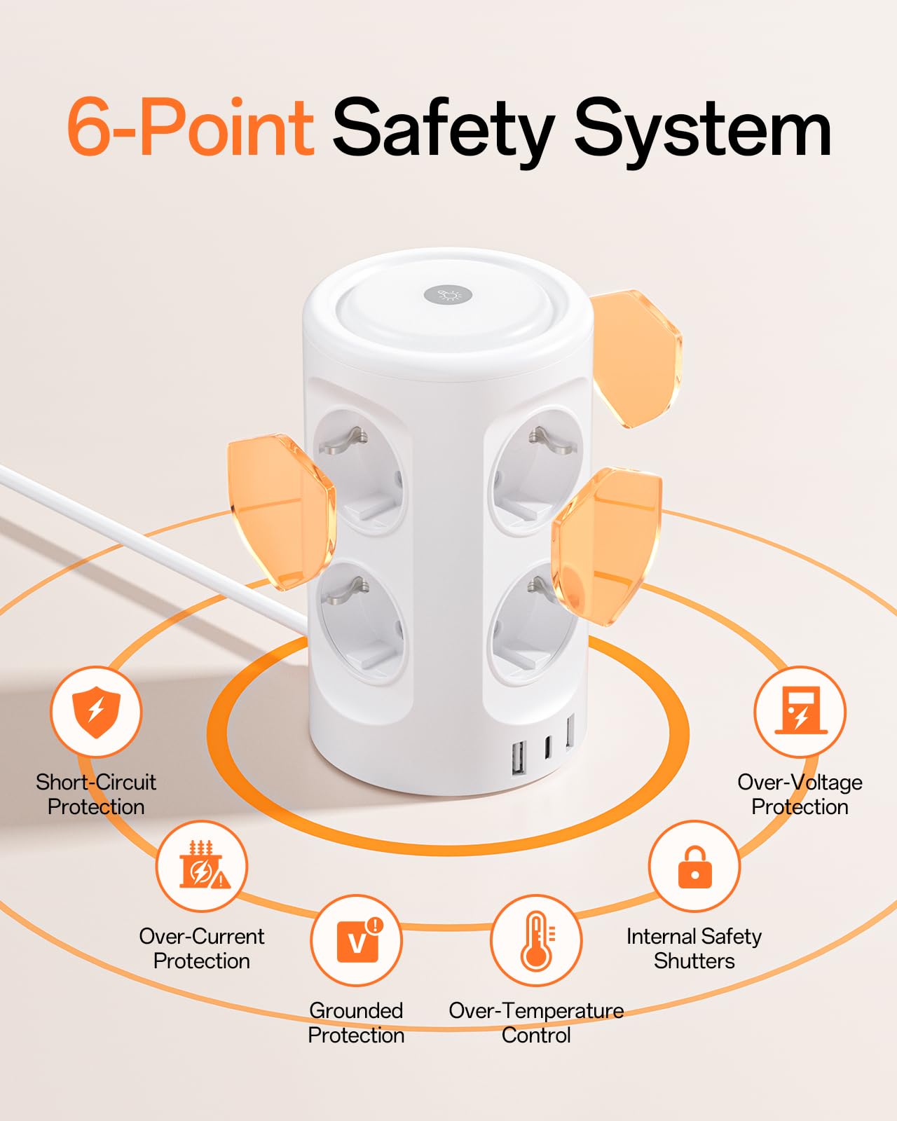 Torre Regletas Enchufes, Regleta USB 8 Tomas de AC y 3 USB, 2M Torre Enchufes Vertical con luz Nocturna y Interruptor,Regleta Enchufes Proteccion Sobretension, Enchufe Multiple para Mesa, Oficia, Casa — view 5