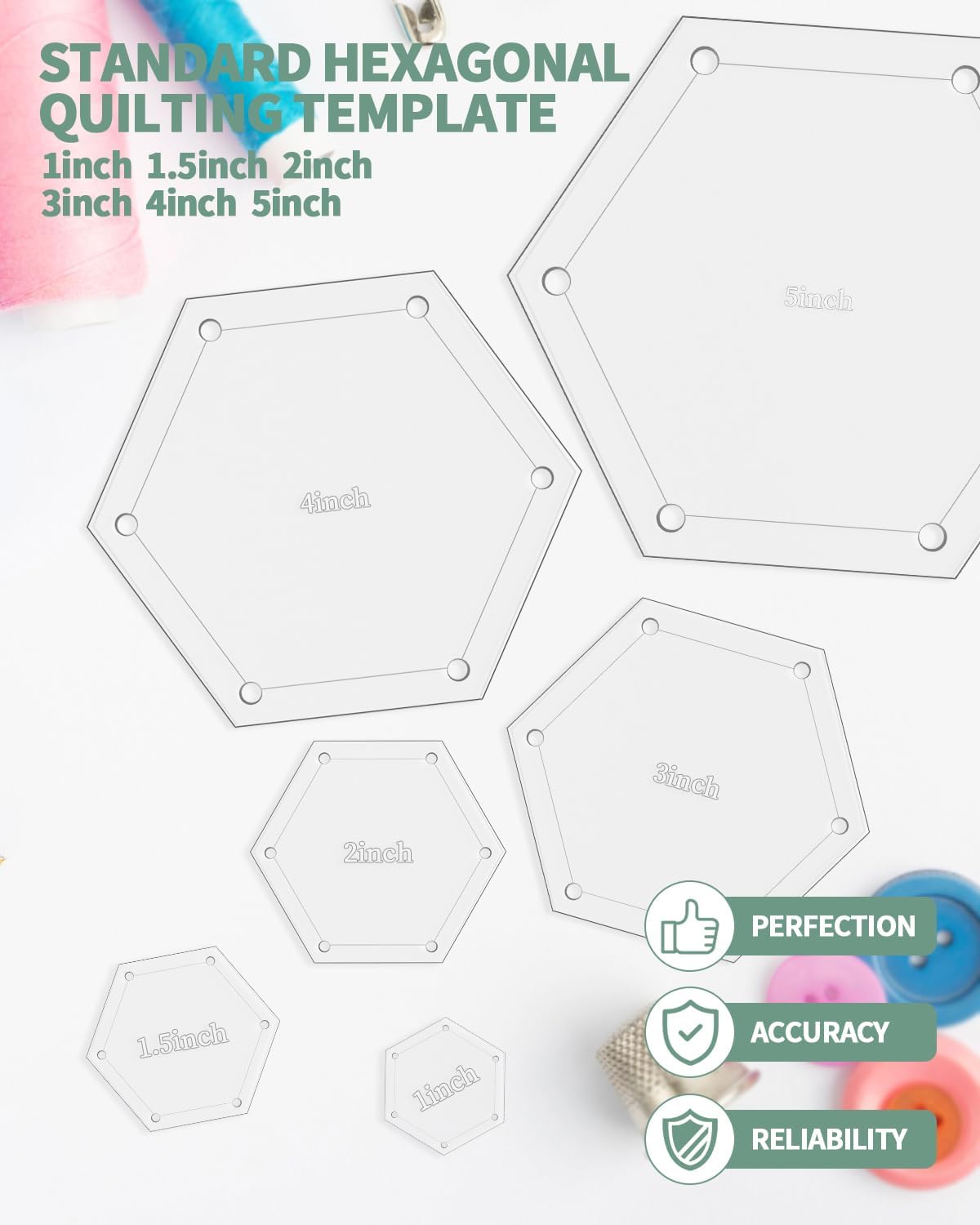 6 PCS Hexagon Templates Quilting 1", 1.5", 2", 3", 4", 5" with 1/4 Inch Seam Allowance, Acrylic Quilting Templates for Quilting, Patchwork, Crafting, & Sewing, Unleash Imagination and Creativity