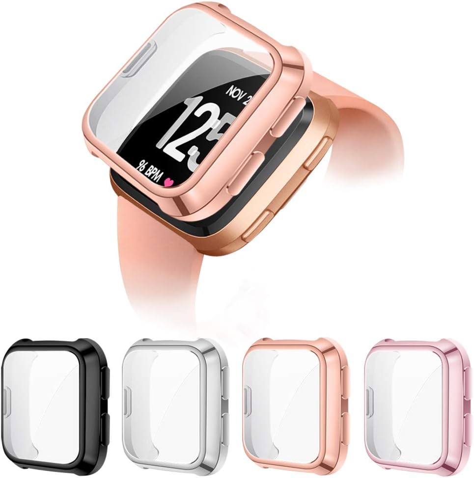 XIMU Screen Protector Case Compatible with Fitbit Versa (Not for Versa 2), 4-Pack Soft TPU Plated Full Coverage Protector Case Bumper Frame Accessories for Versa Special Edition Smart Watch