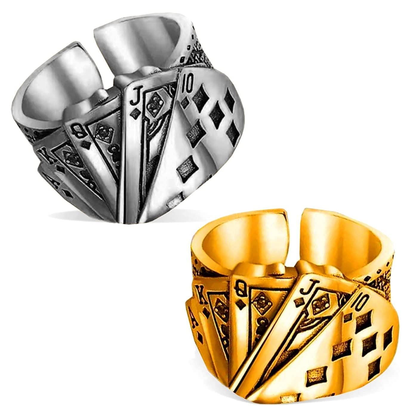 Combo Of (2 Pcs) Unisex Silver And Golden Color Stainless Steel Stylish Funky Trending Adjustable Ace King Queen Jack Playing Tash/cards Design Poker Biker Casino Thumb Finger Ring (Free Size)-image-14