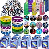 Gaming Party Supplies Set - 72 Pack Video Game Birthday gifts set, 12 Gaming Themed Gift Boxes, 12 Bookmarks, 12 Badges, 12 Bracelets & 24 Stickers Decoration