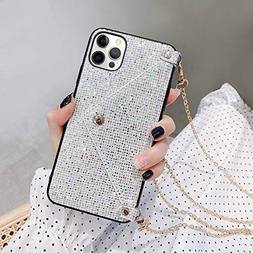 Omorro For Iphone 12 Pro Max Bling Case, Glitter Diamond Sequins Case Small Credit Card Cash Holder Wallet Case With Shiny Crossbody Chain Hard Pc Back Protective Girly Stand Case White #TOP5
