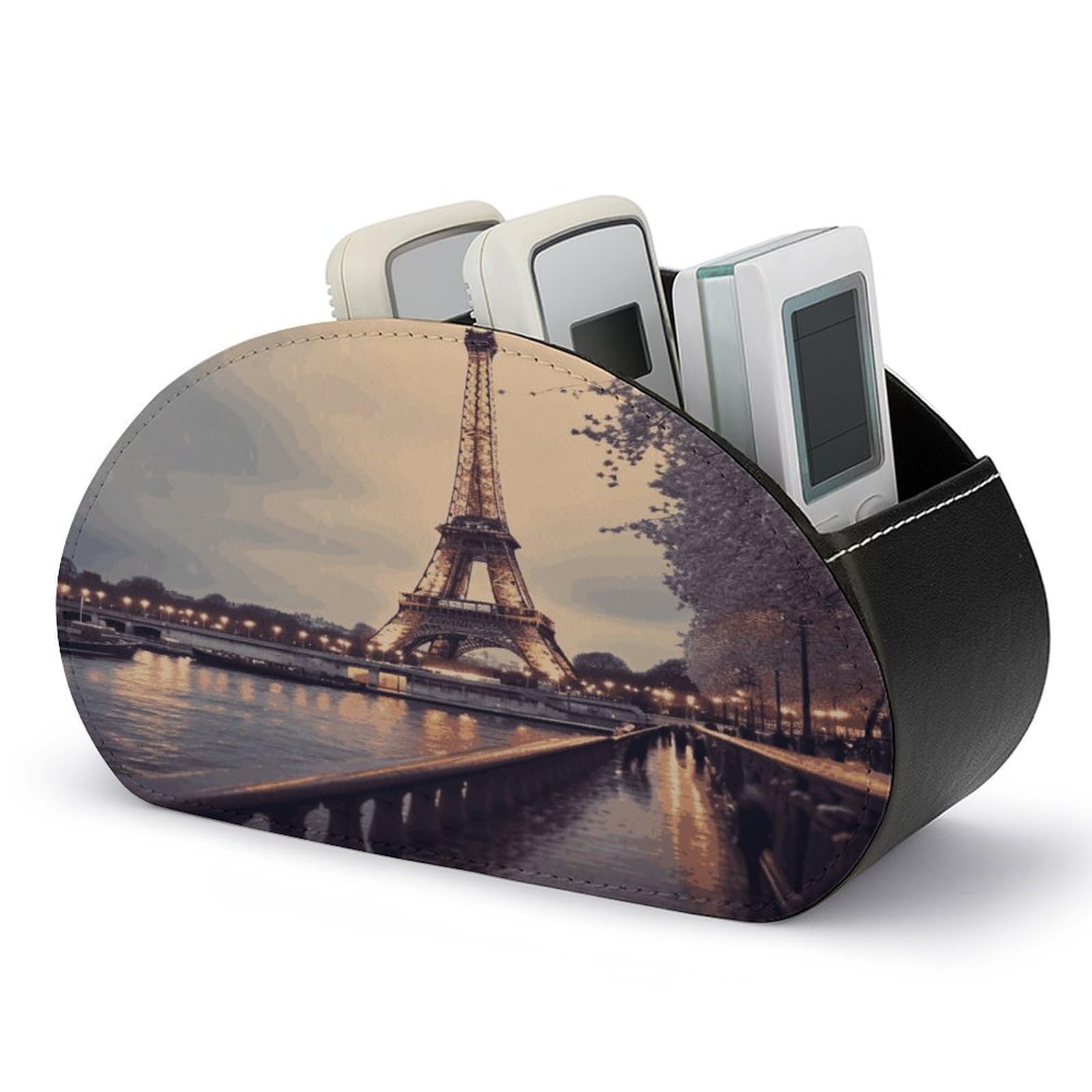 FekiLoot Eiffel Tower Winter Rainy TV Remote Control Holder with 5 Compartments Multi-functional Leather Bedside Table Remote Caddy Desktop Storage Box for Store Pen Controller Media Player Cosmetic