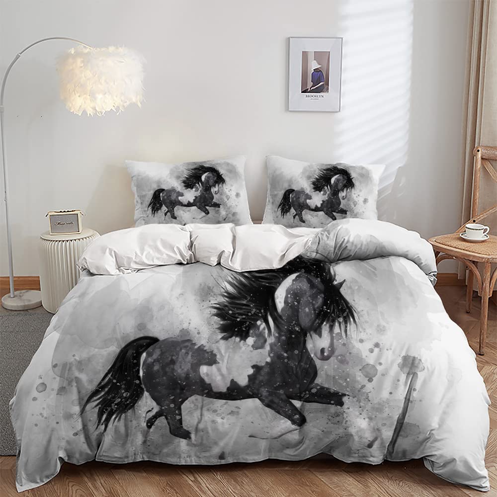 AILONEN Juego de funda de edredón con diseño de caballo, tamaño King, juego de cama de caballo para niños y adolescentes, funda de edredón con temática animal, 1 funda de edredón y 2 fundas de