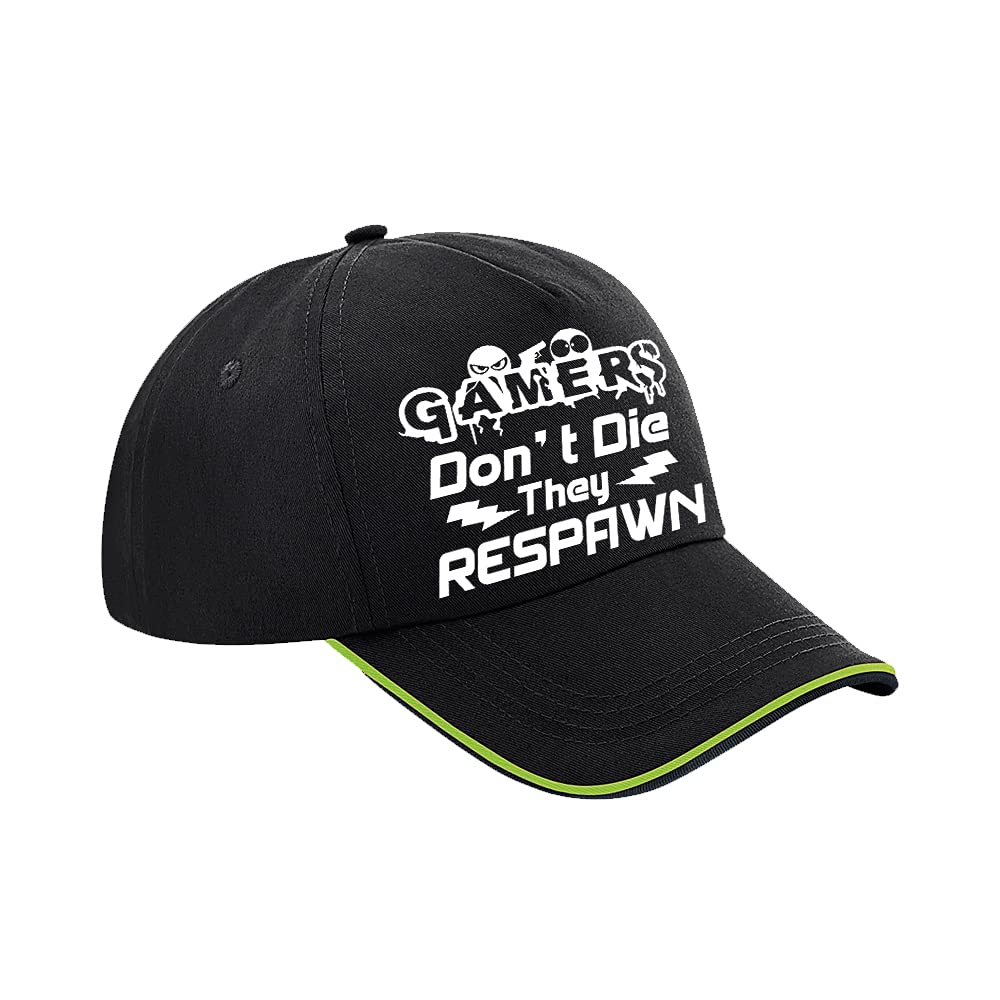 Getagift Unisex Black Lime Green Gamers Don't Die They Respawn Funny Retro Gamer Enthusiast Pc Gamer Console Game Gift For Him Or Her Authentic Piped 5 Panel Cap. (Black Lime Green)