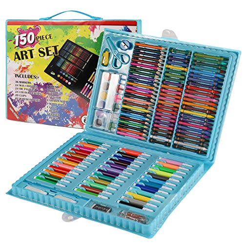 150 Pcs Art Supplies for Kids, ANDEFINE Deluxe Kids Art Set for Drawing Painting and More with Portable Art Box, Coloring Supplies Art Kits Great Gift for Kids, Toddlers, Beginners (Blue)