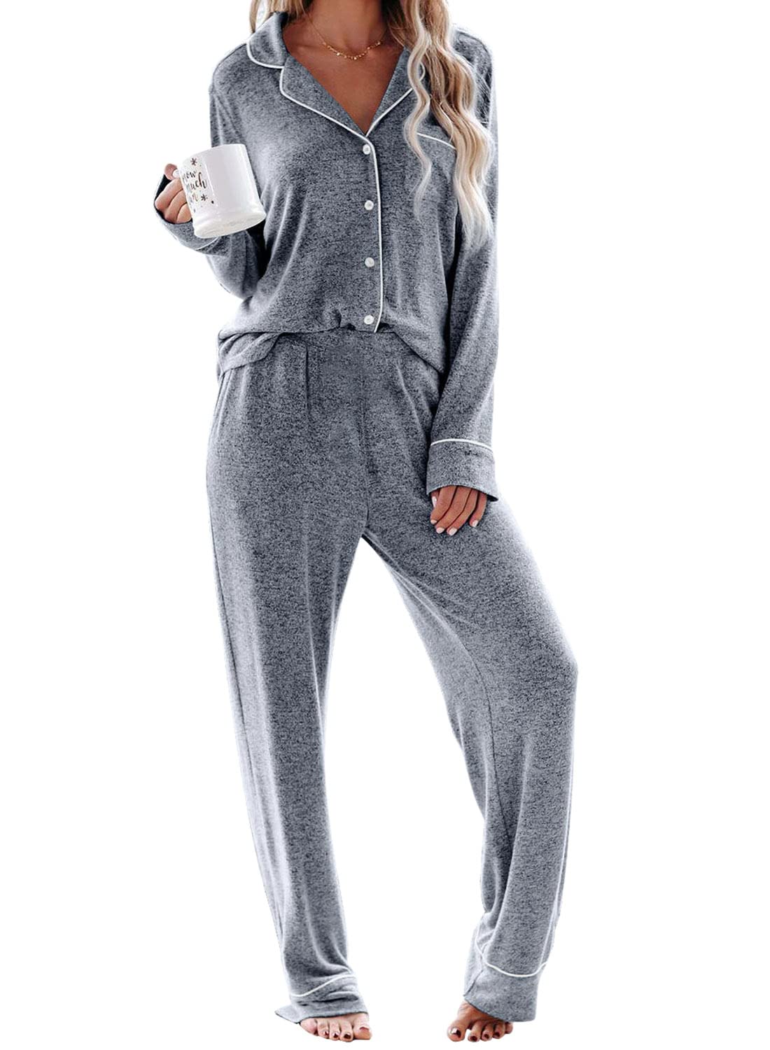 Minetom Pyjama Femme Automne Hiver Ensemble de Pyjamas Nuit Manche Longue Col V Bouton Top Blouse Chemisier et Pantalon 2 Pièces