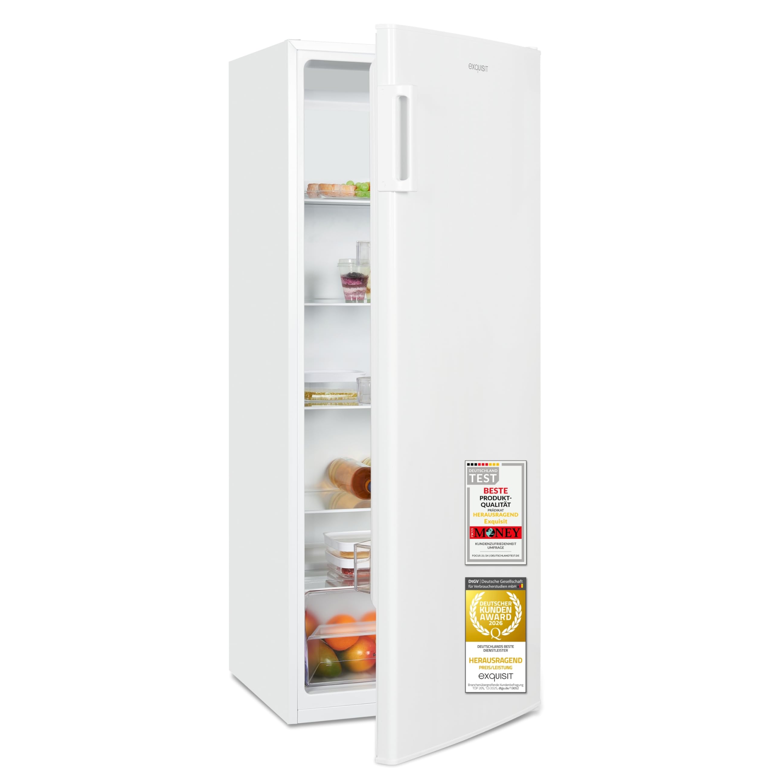Exquisit Vollraumkühlschrank | 242 l Nutzinhalt | Energieeffizienzklasse D | 39 dB Geräusch | LED-Beleuchtung, manuelle Temperaturregelung, wechselbarer Türanschlag | KS5320-V-H-040D weiss