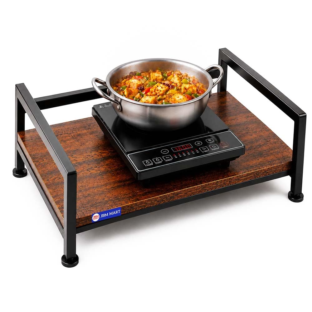 JBM MART Heavy-Duty Wooden Countertop Storage Organiser, Black, 1-Tier Shelf, 38x38 cm, for Induction Cooktop & Office Supplies-image-23