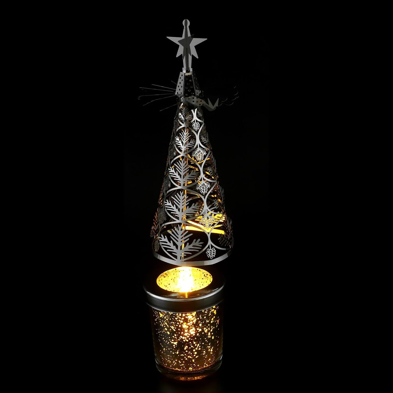 NUOBESTY Rotating Christmas Tree Candle Holder with Spinning Motion, Tea Light Holder Made of Iron and Glass, Elegant European Design for Holiday Decor and Restaurant Table Centerpieces