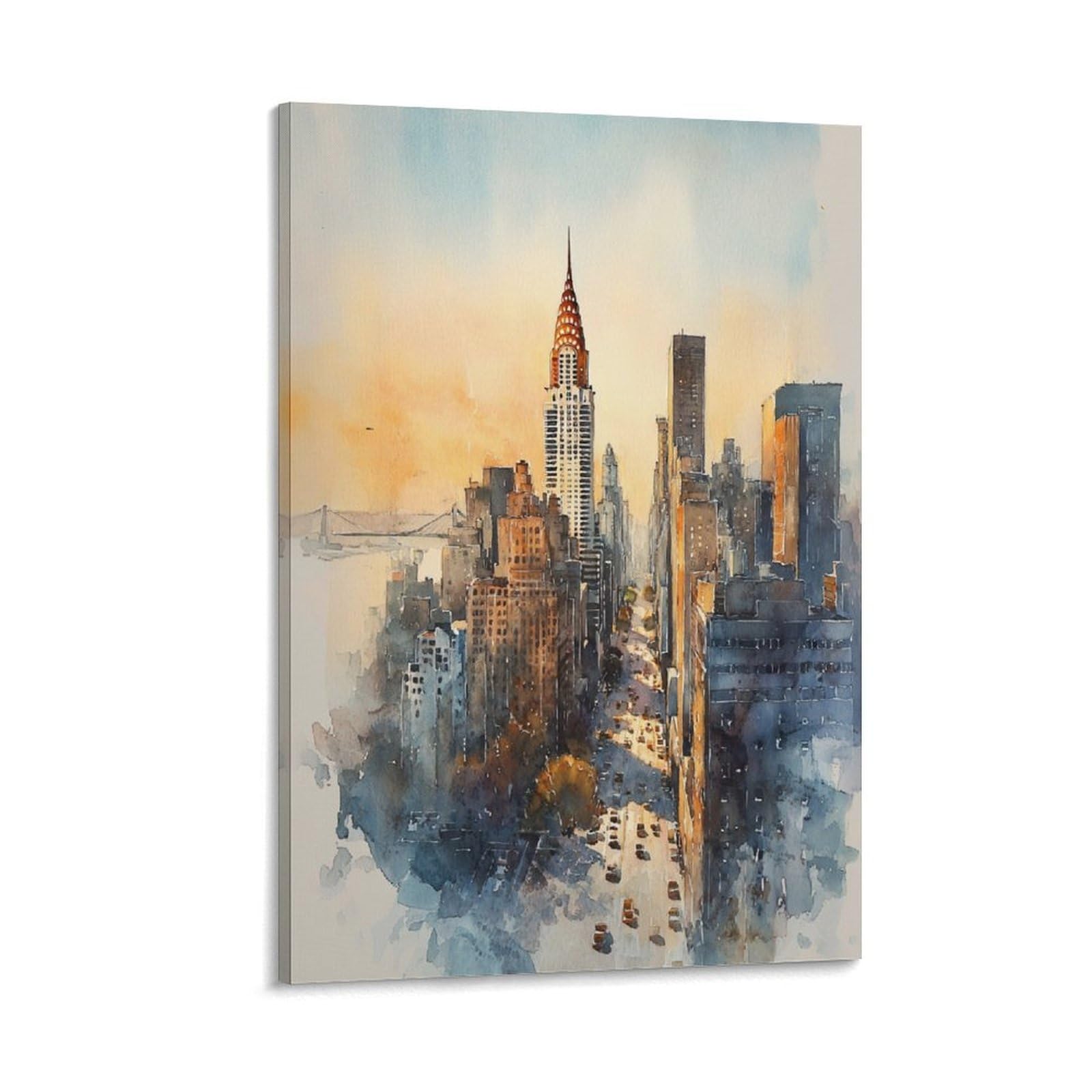XWYMXZ New York Skyline Cityscape 20x30inch(50x75cm) Vintage Travel Poster Watercolor Canvas Art