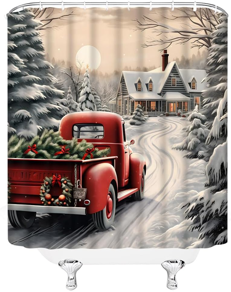 Winter Christmas Shower Curtain Red Christmas Truck Farmhouse Pine Tree Holiday Happy New Year Fabric Bathroom Curtain Set with Hooks(74.8" Wx70 H)