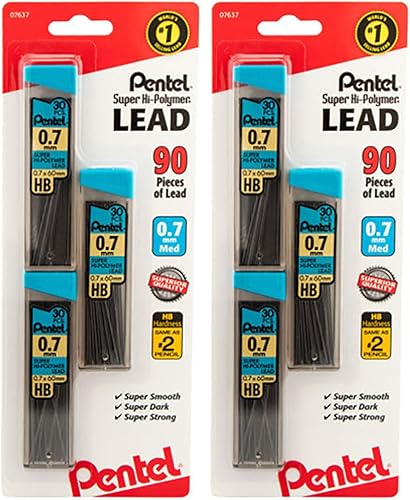 Pentel C27BPHB3K6 Super Hi-Polymer - Recambios de plomo, 0.028 in, HB, negro 30/tubo, 3 tubos/paquete, 90/paquete (180)