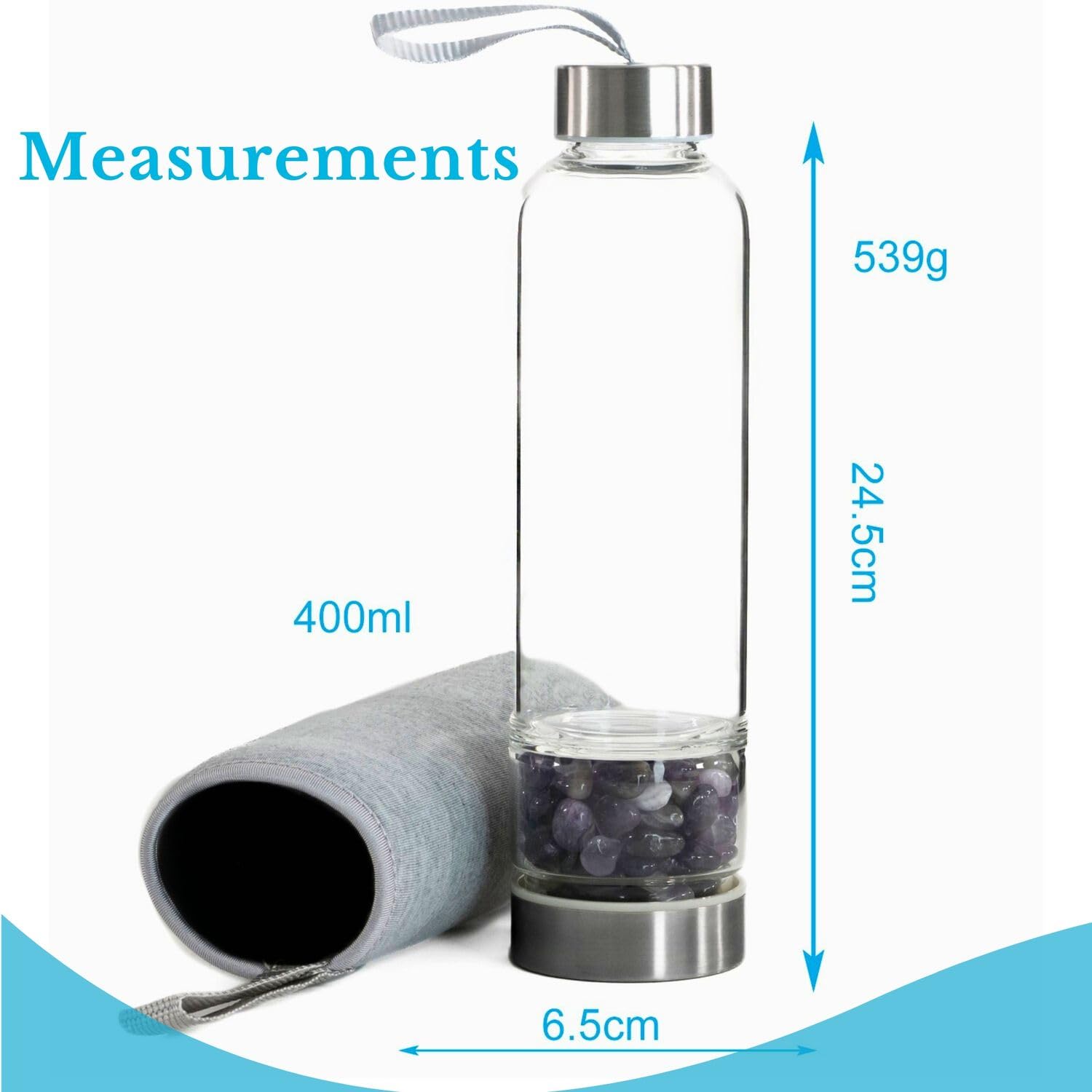 INTIRILIFE Botella de agua con piedras curativas y funda Gris - Amatista - Capacidad de 400 ml - Botella con piedras preciosas, minerales