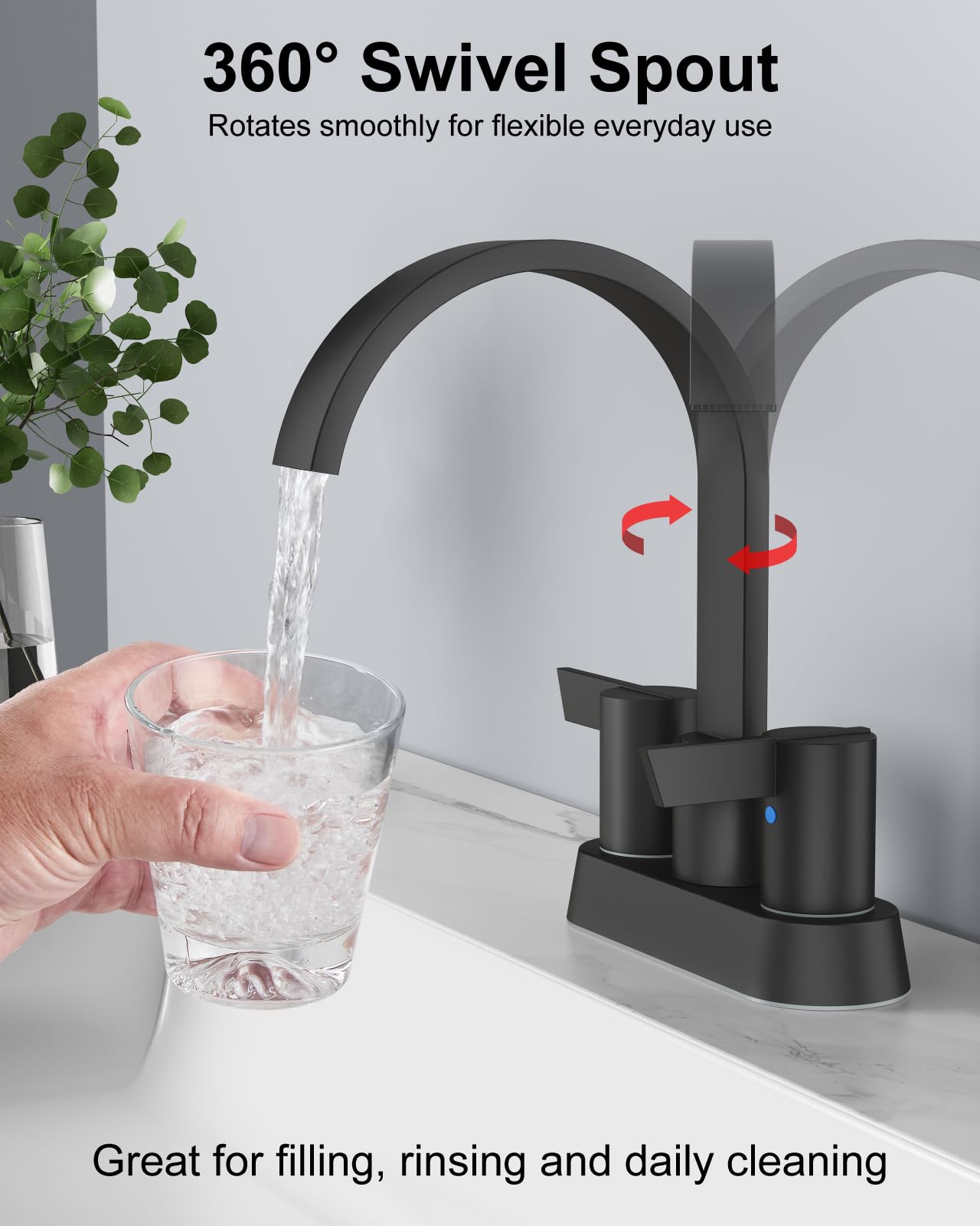 Aolemi Rubinetti da bagno per lavello a 3 fori, rubinetto a cascata centrale da 10 cm, 2 maniglie per lavabo da bagno con scarico pop-up e linee di alimentazione, nero opaco