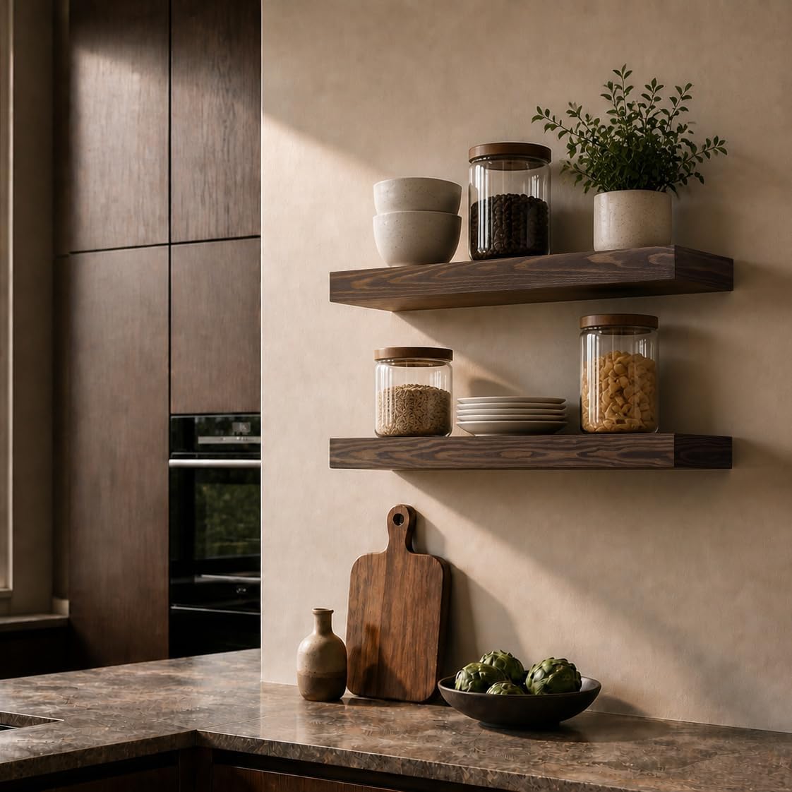 floating shelves 3 inch thick for wall set of 2,solid pine wood wall mount shelf for kitchen living room bedroom bathroom,8" d x 24" l x 3" h-dark walnut black walnut 8" d x 24" w x 3" h