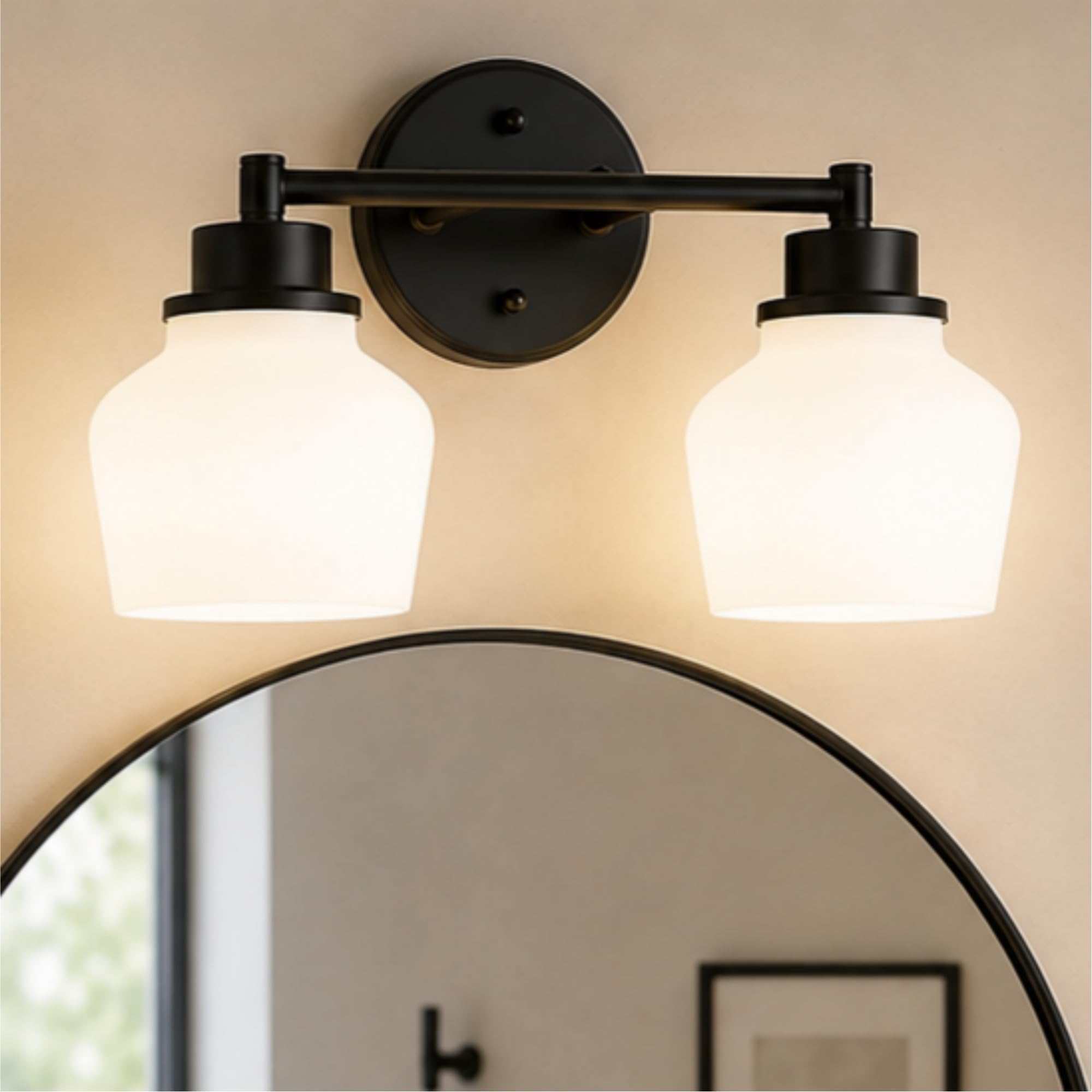 Emak 2-Light Vanity Light, Modern Farmhouse Black Bathroom Fixture Over Mirror With Milk Glass Shade, VL122-BK-ML-2