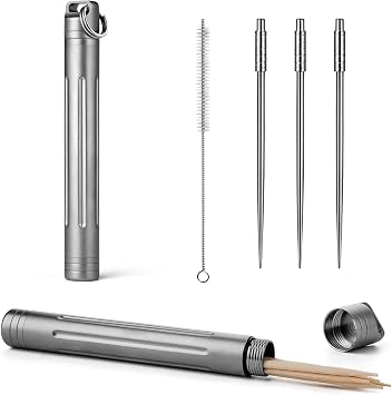 TISUR Titanium Portable Toothpick Holder Pocket with 3 Titanium Metal Toothpicks Reusable Toothpick for Outdoor Camping - Grey