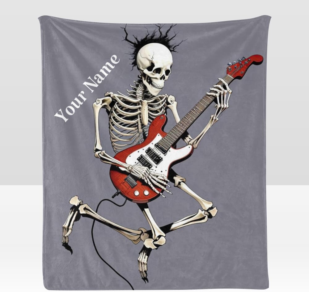 Custom Throw Blanket with Your Name Text,Personalized Skeleton Rock Guitar Super Soft Fleece Blanket for Couch Sofa Bed (50 X 60 inches)