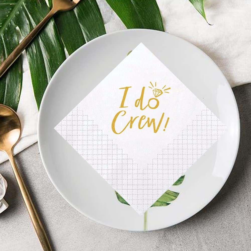 I Do Crew Cocktail Napkins, 100 Pack Gold I Do Crew Party Supplies Paper Napkins in Bulk for Rehearsal Dinner Bridal Shower Engagement Wedding Beverage Table Decorations | 2-Ply, 5x5 Inches