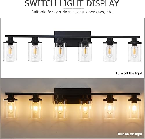 Miniatura 5 de stambord 6 lámparas de tocador de baño de color negro mate con base de vidrio transparente y metal, luces negras para tocador de baño sobre espejo