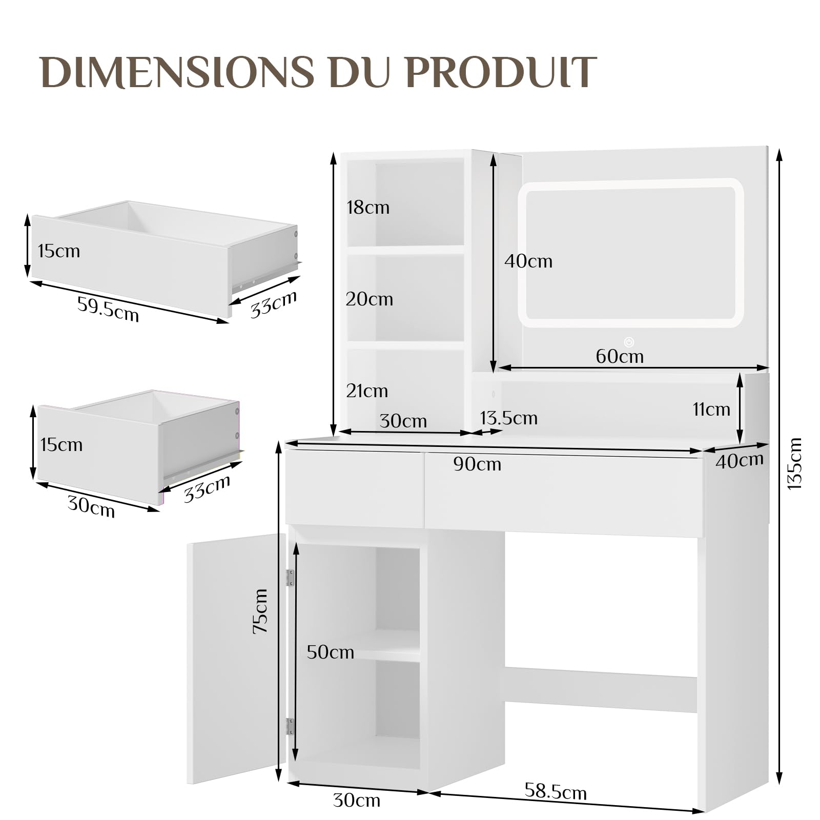 Devoko Toeletta Trucco con Specchio, Luci LED Regolabili, Ripiani Regolabili con 2 Cassetti，Postazione Trucco,Tavolo da Toilette Moderno in Legno Bianco