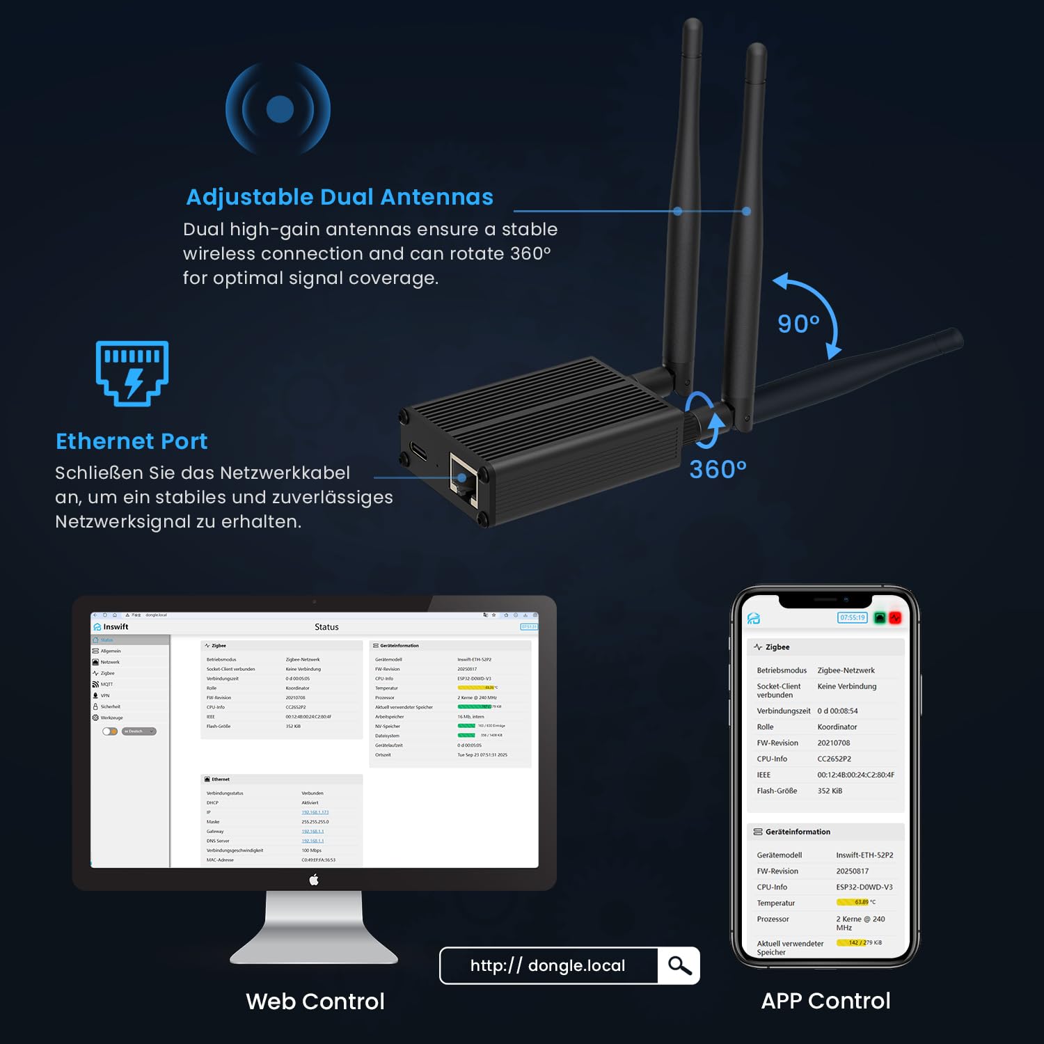 AVATTO Zigbee Dongle Plus Gateway compatible con Ethernet, Wi-Fi y USB Conexión Home Assistant | ESP32 V3 Dual-Core 240 MHz Flash 16 MB CC2652P/CC2652P7 SoC | Compatible con ZHA / Zigbee2MQTT